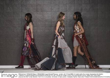 London, UK. 5 June 2016. A model walks the runway showcasing the fashion collection by Sharifa Nakawooya and Daylan Mollentze from UEL (University of East London) during Graduate Fashion Week 2016. GFW takes place at the Old Truman Brewery from 5 to 8 June 2016. University of East London, Graduate Fashion Week 2016 