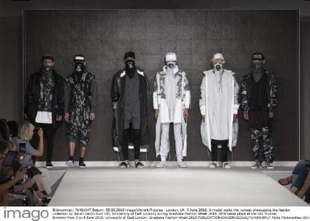 London, UK. 5 June 2016. A model walks the runway showcasing the fashion collection by Sarah Caplin from UEL (University of East London) during Graduate Fashion Week 2016. GFW takes place at the Old Truman Brewery from 5 to 8 June 2016. University of East London, Graduate Fashion Week 2016 