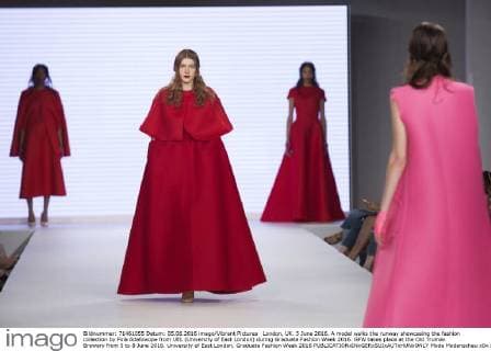 London, UK. 5 June 2016. A model walks the runway showcasing the fashion collection by Fola Adefowope from UEL (University of East London) during Graduate Fashion Week 2016. GFW takes place at the Old Truman Brewery from 5 to 8 June 2016. University of East London, Graduate Fashion Week 2016 