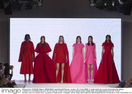 London, UK. 5 June 2016. A model walks the runway showcasing the fashion collection by Fola Adefowope from UEL (University of East London) during Graduate Fashion Week 2016. GFW takes place at the Old Truman Brewery from 5 to 8 June 2016. University of East London, Graduate Fashion Week 2016 