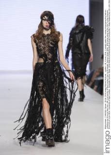 London, UK. 5 June 2016. A model walks the runway showcasing the fashion collection by Antonia Nae from UEL (University of East London) during Graduate Fashion Week 2016. GFW takes place at the Old Truman Brewery from 5 to 8 June 2016. University of East London, Graduate Fashion Week 2016 
