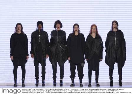 London, UK. 5 June 2016. A model walks the runway showcasing the fashion collection by Jordan James from UEL (University of East London) during Graduate Fashion Week 2016. GFW takes place at the Old Truman Brewery from 5 to 8 June 2016. University of East London, Graduate Fashion Week 2016 