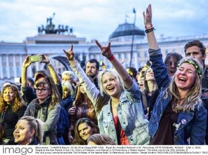 Music for Freedom Festival in St. Petersburg ST PETERSBURG, RUSSIA - JUNE 5, 2016: People at the Our People in the City, Music of Freedom rock festival in St Petersburg s Palace Square. The event marks the 35th birthday of the rock group Leningrad and the 15th birthday of the Nashe Radio St Petersburg radio station. Sergei Konkov TASS  TS02598C