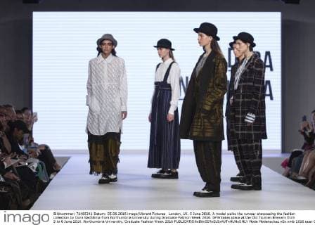 London, UK. 5 June 2016. A model walks the runway showcasing the fashion collection by Dora Nachilima from Northumbria University during Graduate Fashion Week 2016. GFW takes place at the Old Truman Brewery from 5 to 8 June 2016. Northumbria University, Graduate Fashion Week 2016 