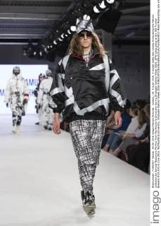 London, UK. 5 June 2016. A model walks the runway showcasing the fashion collection by Samuel Beaumont-Perkins from Northumbria University during Graduate Fashion Week 2016. GFW takes place at the Old Truman Brewery from 5 to 8 June 2016. Northumbria University, Graduate Fashion Week 2016 