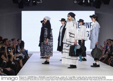 London, UK. 5 June 2016. A model walks the runway showcasing the fashion collection by Katherine Leigh from Northumbria University during Graduate Fashion Week 2016. GFW takes place at the Old Truman Brewery from 5 to 8 June 2016. Northumbria University, Graduate Fashion Week 2016 