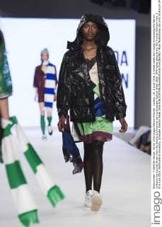 London, UK. 5 June 2016. A model walks the runway showcasing the fashion collection by Lucinda Brown from Northumbria University during Graduate Fashion Week 2016. GFW takes place at the Old Truman Brewery from 5 to 8 June 2016. Northumbria University, Graduate Fashion Week 2016 