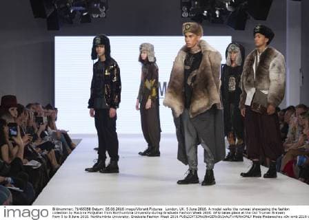 London, UK. 5 June 2016. A model walks the runway showcasing the fashion collection by Roslyne McQuillan from Northumbria University during Graduate Fashion Week 2016. GFW takes place at the Old Truman Brewery from 5 to 8 June 2016. Northumbria University, Graduate Fashion Week 2016 