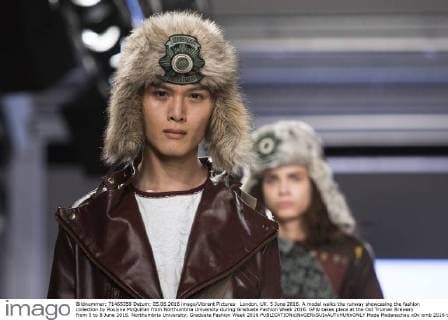 London, UK. 5 June 2016. A model walks the runway showcasing the fashion collection by Roslyne McQuillan from Northumbria University during Graduate Fashion Week 2016. GFW takes place at the Old Truman Brewery from 5 to 8 June 2016. Northumbria University, Graduate Fashion Week 2016 