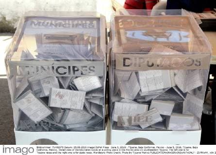 June 5, 2016 - Tijuana, Baja California, Mexico - June 5, 2016, Tijuana, Baja California, Mexico_ Detail view of the two ballot boxes at a polling place in the Florido area on southeastern Tijuana. The left one is for Tijuana races and the right one is for state races. Mandatory Photo Credit: Photo by Tijuana Mexico - ZUMAs44_