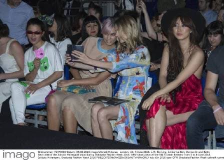 London, UK. 5 June 2016. L-R: Bip Ling, Amber Le Bon, Donna Air and Betty Bach attend the Istituto Marangoni show during Graduate Fashion Week 2016. GFW takes place at the Old Truman Brewery from 5 to 8 June 2016. Istituto Marangoni, Graduate Fashion Week 2016 