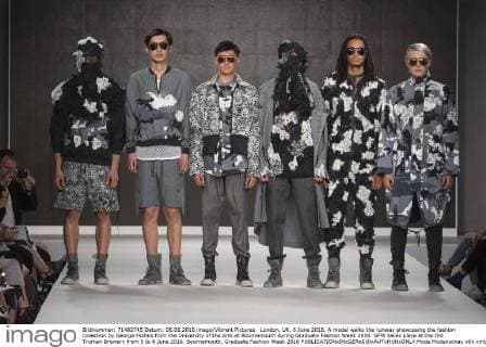 London, UK. 6 June 2016. A model walks the runway showcasing the fashion collection by George Hollins from the University of the Arts at Bournemouth during Graduate Fashion Week 2016. GFW takes place at the Old Truman Brewery from 5 to 8 June 2016. Bournemouth, Graduate Fashion Week 2016 