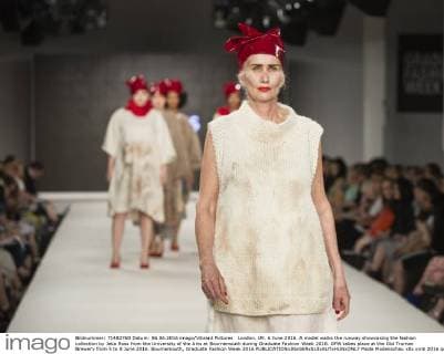 London, UK. 6 June 2016. A model walks the runway showcasing the fashion collection by Jeka Ross from the University of the Arts at Bournemouth during Graduate Fashion Week 2016. GFW takes place at the Old Truman Brewery from 5 to 8 June 2016. Bournemouth, Graduate Fashion Week 2016 