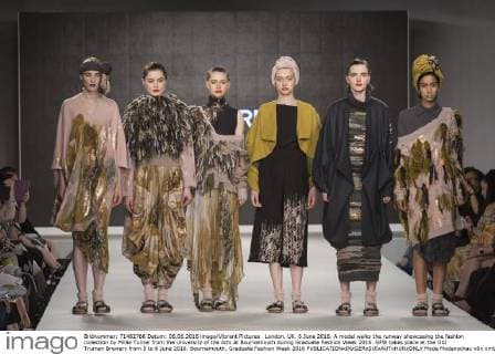 London, UK. 6 June 2016. A model walks the runway showcasing the fashion collection by Millie Turner from the University of the Arts at Bournemouth during Graduate Fashion Week 2016. GFW takes place at the Old Truman Brewery from 5 to 8 June 2016. Bournemouth, Graduate Fashion Week 2016 