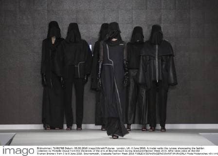 London, UK. 6 June 2016. A model walks the runway showcasing the fashion collection by Michelle Obuya from the University of the Arts at Bournemouth during Graduate Fashion Week 2016. GFW takes place at the Old Truman Brewery from 5 to 8 June 2016. Bournemouth, Graduate Fashion Week 2016 