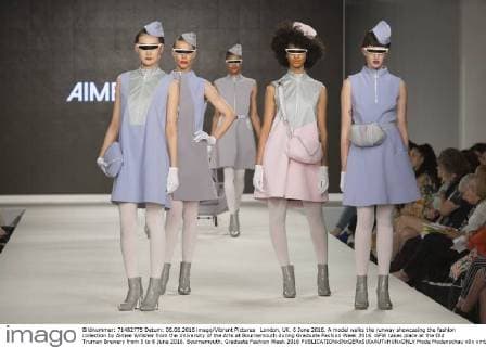 London, UK. 6 June 2016. A model walks the runway showcasing the fashion collection by Aimee Willsher from the University of the Arts at Bournemouth during Graduate Fashion Week 2016. GFW takes place at the Old Truman Brewery from 5 to 8 June 2016. Bournemouth, Graduate Fashion Week 2016 