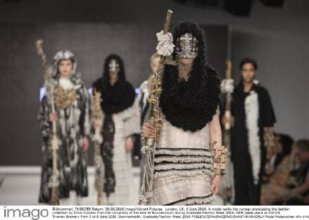 London, UK. 6 June 2016. A model walks the runway showcasing the fashion collection by Emily Condon from the University of the Arts at Bournemouth during Graduate Fashion Week 2016. GFW takes place at the Old Truman Brewery from 5 to 8 June 2016. Bournemouth, Graduate Fashion Week 2016 