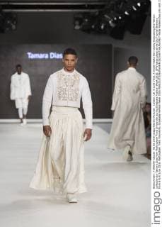 London, UK. 6 June 2016. A model walks the runway showcasing the fashion collection by Tamara Dias from Nottingham Trent University during Graduate Fashion Week 2016. GFW takes place at the Old Truman Brewery from 5 to 8 June 2016. Nottingham Trent University, Graduate Fashion Week 2016 