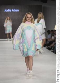 London, UK. 6 June 2016. A model walks the runway showcasing the fashion collection by Jodie Allen from Nottingham Trent University during Graduate Fashion Week 2016. GFW takes place at the Old Truman Brewery from 5 to 8 June 2016. Nottingham Trent University, Graduate Fashion Week 2016 