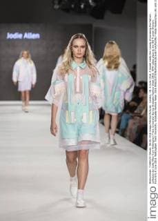 London, UK. 6 June 2016. A model walks the runway showcasing the fashion collection by Jodie Allen from Nottingham Trent University during Graduate Fashion Week 2016. GFW takes place at the Old Truman Brewery from 5 to 8 June 2016. Nottingham Trent University, Graduate Fashion Week 2016 