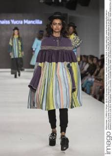 London, UK. 6 June 2016. A model walks the runway showcasing the fashion collection by Annaiss Yucra Mancilla from Nottingham Trent University during Graduate Fashion Week 2016. GFW takes place at the Old Truman Brewery from 5 to 8 June 2016. Nottingham Trent University, Graduate Fashion Week 2016 