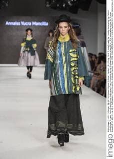 London, UK. 6 June 2016. A model walks the runway showcasing the fashion collection by Annaiss Yucra Mancilla from Nottingham Trent University during Graduate Fashion Week 2016. GFW takes place at the Old Truman Brewery from 5 to 8 June 2016. Nottingham Trent University, Graduate Fashion Week 2016 