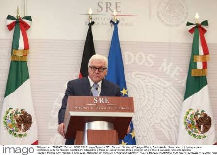 German Minister of Foreign Affairs, Frank-Walter Steinmeier (L) during a press conference with his Mexican counterpart, Claudia Ruiz Massieu (out of frame) after a meeting where they disucussed relevants bilateral issues in Mexico City, Mexico, 6 June 2016. MINISTER OF FOREIGN AFFAIRS OF GERMANY VISITS MEXICO !ACHTUNG: NUR REDAKTIONELLE NUTZUNG!  epa 20160606-636008406869996498