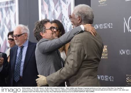 Mark Ruffalo and Morgan Freeman embrace as they arrive at the Now You See Me 2 world premiere, Monday, June 6, 2016 in New York City.  NYP201604269154 BRYANxR.xSMITH