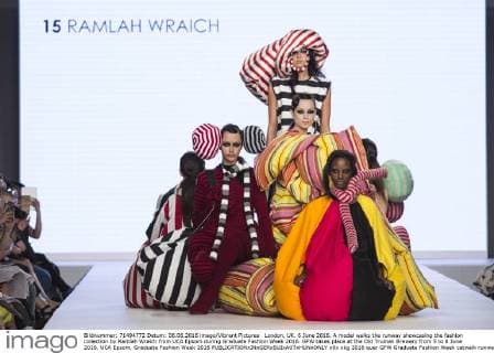 London, UK. 6 June 2016. A model walks the runway showcasing the fashion collection by Ramlah Wraich from UCA Epsom during Graduate Fashion Week 2016. GFW takes place at the Old Truman Brewery from 5 to 8 June 2016. UCA Epsom, Graduate Fashion Week 2016 