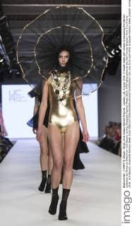 London, UK. 6 June 2016. A model walks the runway showcasing the fashion collection by Chloe Le Brett from UCA Epsom during Graduate Fashion Week 2016. GFW takes place at the Old Truman Brewery from 5 to 8 June 2016. UCA Epsom, Graduate Fashion Week 2016 