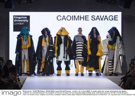 London, UK. 6 June 2016. A model walks the runway showcasing the fashion collection by Caoimhe Savage from Kingston University (London) during Graduate Fashion Week 2016. GFW takes place at the Old Truman Brewery from 5 to 8 June 2016. Kingston University, Graduate Fashion Week 2016 