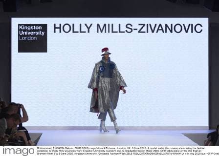 London, UK. 6 June 2016. A model walks the runway showcasing the fashion collection by Holly Mills-Zivanovic from Kingston University (London) during Graduate Fashion Week 2016. GFW takes place at the Old Truman Brewery from 5 to 8 June 2016. Kingston University, Graduate Fashion Week 2016 