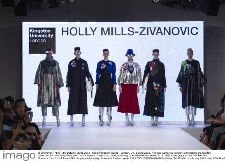 London, UK. 6 June 2016. A model walks the runway showcasing the fashion collection by Holly Mills-Zivanovic from Kingston University (London) during Graduate Fashion Week 2016. GFW takes place at the Old Truman Brewery from 5 to 8 June 2016. Kingston University, Graduate Fashion Week 2016 