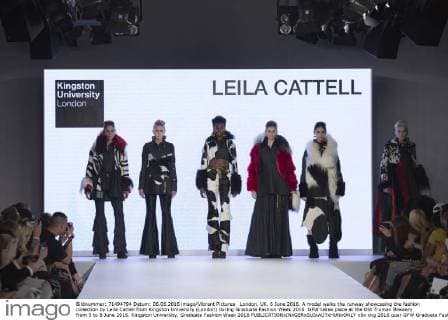 London, UK. 6 June 2016. A model walks the runway showcasing the fashion collection by Leila Cattell from Kingston University (London) during Graduate Fashion Week 2016. GFW takes place at the Old Truman Brewery from 5 to 8 June 2016. Kingston University, Graduate Fashion Week 2016 