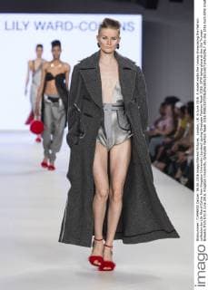 London, UK. 6 June 2016. A model walks the runway showcasing the fashion collection by Lily Ward-Colins from Kingston University (London) during Graduate Fashion Week 2016. GFW takes place at the Old Truman Brewery from 5 to 8 June 2016. Kingston University, Graduate Fashion Week 2016 