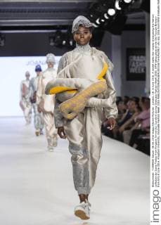 London, UK. 6 June 2016. A model walks the runway showcasing the fashion collection by Joana Freitas from Kingston University (London) during Graduate Fashion Week 2016. GFW takes place at the Old Truman Brewery from 5 to 8 June 2016. Kingston University, Graduate Fashion Week 2016 