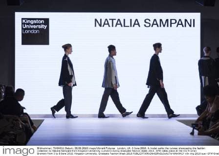 London, UK. 6 June 2016. A model walks the runway showcasing the fashion collection by Natalia Sampani from Kingston University (London) during Graduate Fashion Week 2016. GFW takes place at the Old Truman Brewery from 5 to 8 June 2016. Kingston University, Graduate Fashion Week 2016 
