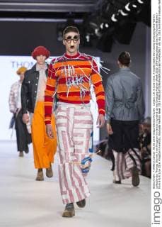 London, UK. 6 June 2016. A model walks the runway showcasing the fashion collection by Thomas Skinner from Kingston University (London) during Graduate Fashion Week 2016. GFW takes place at the Old Truman Brewery from 5 to 8 June 2016. Kingston University, Graduate Fashion Week 2016 