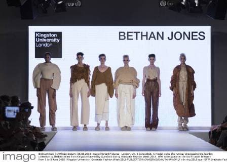 London, UK. 6 June 2016. A model walks the runway showcasing the fashion collection by Bethan Jones from Kingston University (London) during Graduate Fashion Week 2016. GFW takes place at the Old Truman Brewery from 5 to 8 June 2016. Kingston University, Graduate Fashion Week 2016 