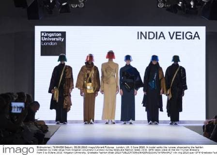London, UK. 6 June 2016. A model walks the runway showcasing the fashion collection by India Veiga from Kingston University (London) during Graduate Fashion Week 2016. GFW takes place at the Old Truman Brewery from 5 to 8 June 2016. Kingston University, Graduate Fashion Week 2016 