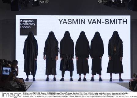 London, UK. 6 June 2016. A model walks the runway showcasing the fashion collection by Yasmin Van-Smith from Kingston University (London) during Graduate Fashion Week 2016. GFW takes place at the Old Truman Brewery from 5 to 8 June 2016. Kingston University, Graduate Fashion Week 2016 