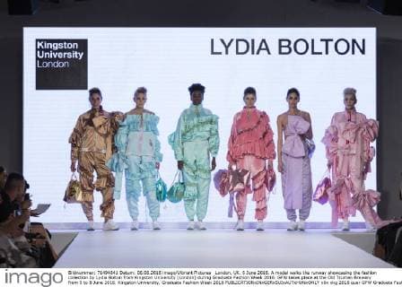 London, UK. 6 June 2016. A model walks the runway showcasing the fashion collection by Lydia Bolton from Kingston University (London) during Graduate Fashion Week 2016. GFW takes place at the Old Truman Brewery from 5 to 8 June 2016. Kingston University, Graduate Fashion Week 2016 