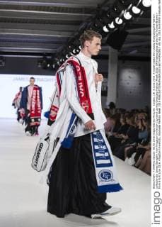 London, UK. 6 June 2016. A model walks the runway showcasing the fashion collection by James Geraghty from Kingston University (London) during Graduate Fashion Week 2016. GFW takes place at the Old Truman Brewery from 5 to 8 June 2016. Kingston University, Graduate Fashion Week 2016 