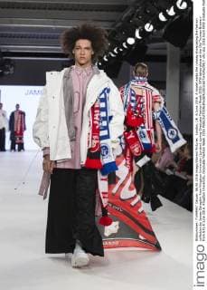 London, UK. 6 June 2016. A model walks the runway showcasing the fashion collection by James Geraghty from Kingston University (London) during Graduate Fashion Week 2016. GFW takes place at the Old Truman Brewery from 5 to 8 June 2016. Kingston University, Graduate Fashion Week 2016 
