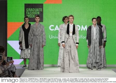London, UK. 8 June 2016. A model walks the runway showcasing the fashion collection by Carl Tom from the University of Salford during The Best of Graduate Fashion Week 2016 show. GFW takes place at the Old Truman Brewery from 5 to 8 June 2016. Best of Graduate Fashion Week 2016, London, UK 
