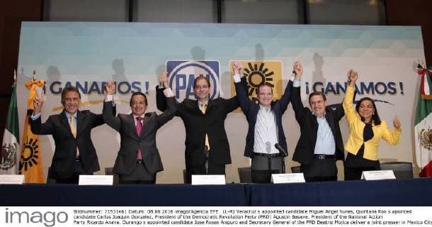 (L-R) Veracruz s appointed candidate Miguel Angel Yunes, Quintana Roo s apointed candidate Carlos Joaquin Gonzalez, President of the Democratic Revolution Perty (PRD) Agustin Basave, President of the National Action Party Ricardo Anaya, Durango s appointed candidate Jose Rosas Aispuro and Secretary General of the PRD Beatriz Mojica deliver a joint presser in Mexico City, Mexico, 8 June 2016. The conservative National Action Party won seven of the 12 states in last Sunday s governor s election. MEXICO ELECTION !ACHTUNG: NUR REDAKTIONELLE NUTZUNG!  CMM001 20160608-636010184459969838