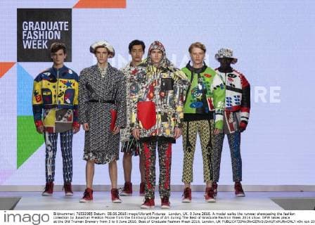 London, UK. 8 June 2016. A model walks the runway showcasing the fashion collection by Jonathan Preston Moore from the Edinburg College of Art during The Best of Graduate Fashion Week 2016 show. GFW takes place at the Old Truman Brewery from 5 to 8 June 2016. Best of Graduate Fashion Week 2016, London, UK 