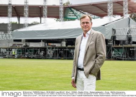 Erfurt , 090616 , Stadion Erfurt , Steigerwaldstadion , Arena , Multifunktionsarena , Baufortschritt , Pressekonferenz zum Aufbau der Bühne für das Konzert von Herbert Grönemeyer im Bild: Wieland Kniffka , Geschäftsführer der Messe Erfurt GmbH ,