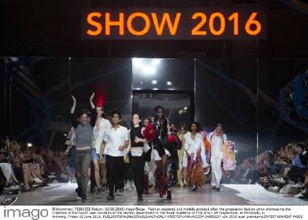 Fashion students and models pictured after the graduation fashion show showcasing the creations of the fourth year students of the fashion department of the Royal Academy of Fine Arts - AP Hogeschool, at Parkloods, in Antwerp, Friday 10 June 2016.  KRISTOFxVANxACCOM 04869297
