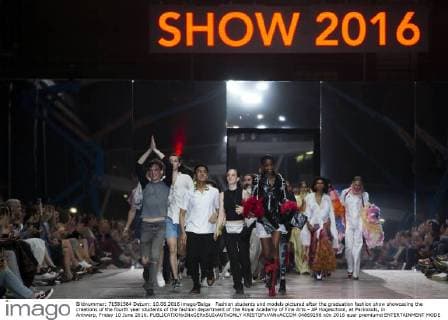 Fashion students and models pictured after the graduation fashion show showcasing the creations of the fourth year students of the fashion department of the Royal Academy of Fine Arts - AP Hogeschool, at Parkloods, in Antwerp, Friday 10 June 2016.  KRISTOFxVANxACCOM 04869298